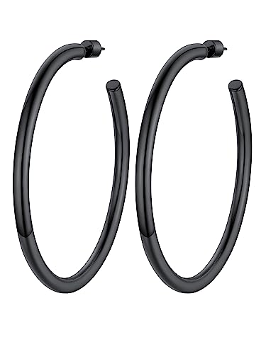 Image of Stainless Steel Chunky Hoop Earrings For Women, Minimalist and Chic, Black /Gold Plated, Round Hoops Earrings Hypoallergenic, Size: 30mm /40mm /60mm /80mm, Come with Box