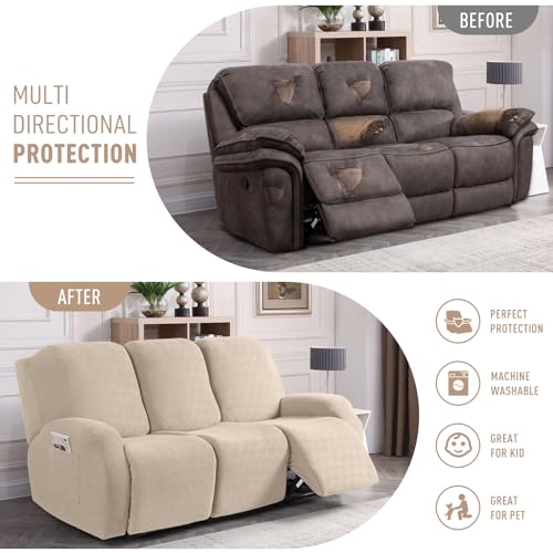 Image of KinCam Recliner Covers, Stretch Reclining Chair Covers, Recliner Sofa Slipcovers Stripe Jacquard Recliner Couch Covers Furniture Protector Covers for Pet Kid (3 Seater, Vanilla)