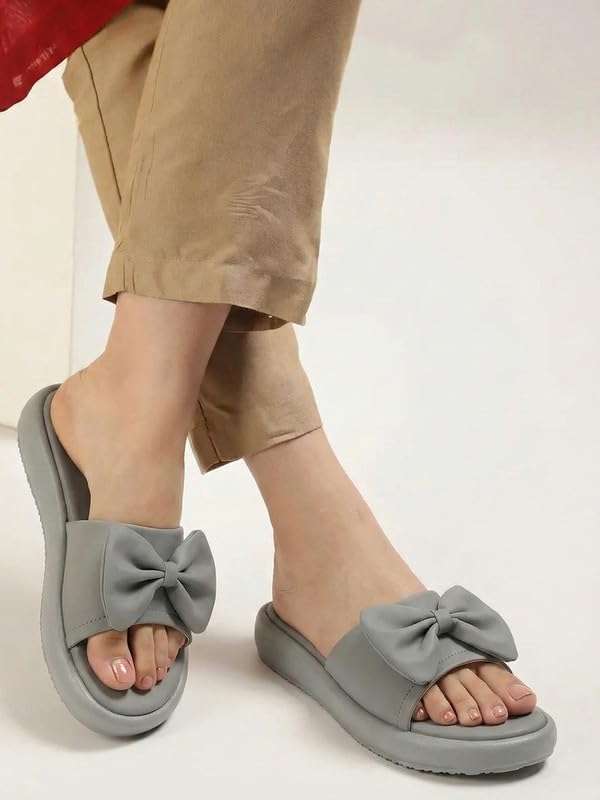 Image of FAUSTO Women Open Toe Bow Design Slip On Sliders | Extra Comfort Cushioned Insole Slippers | Classic Flat Sandals for All Day Long