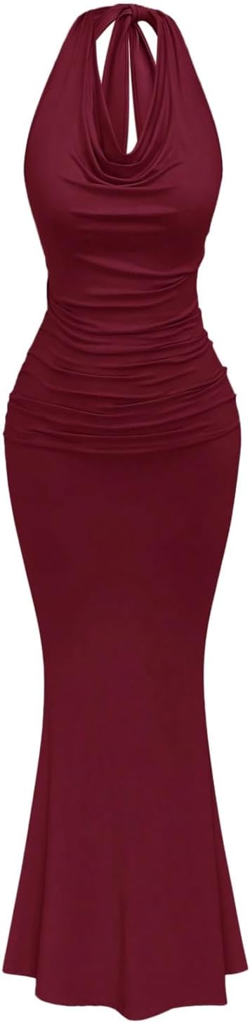Women's Plus Size Elegant Halter Maxi Dress Draped Cowl Neck Fishtail Backless Bodycon Party Cocktail Long Dresses