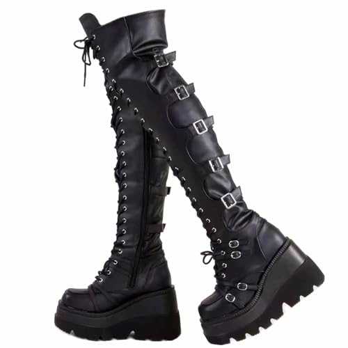 Women's Platform Over the Knee Boots Goth Punk Boots Chunky Heel Motorcycle Boots with Buckles Zip Thigh High Boots