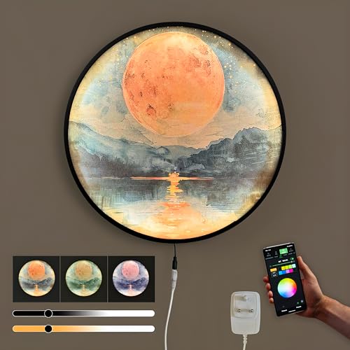 Image of PAINTINGMANTRA Shree Ganesh Ji Night Wall Lamp Painting with mobile Controllable Smart LED Light, Religious Round Wall Art Painting with RGB Night Lamp for Home & Office Wall Decor (18x18 Inches)