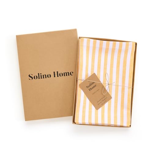 Image of Solino Home 100% Pure Linen Napkins, 20 x 20 in, Mustard Striped, Set of 4 | Amalfi Stripe, soft napkins for daily meals and celebrations, woven stripe, European flax fibres, fine, OEKO-TEX Certified