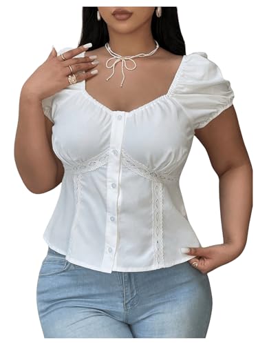 Floerns Women's Plus Size Puff Short Sleeve Button Down Shirts Lace Flare Hem Blouse Top