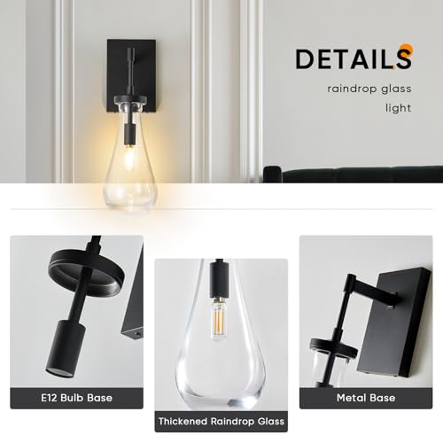 Image of 17 inch L Wall Sconces Set of 2, Black Wall Lights Fixtures Bathroom Vanity Light Modern Raindrop Wall Lamps for Living Room,Bedroom,Hallway,Stairs,Indoor