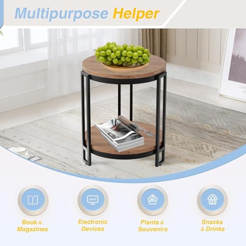 Image of Hamdan Round Coffee Table,Rustic Wood with Storage Shelf, Modern Farmhouse Circle Coffee Table Tray Table with Sturdy Metal Legs Home Furniture (Black Brown)