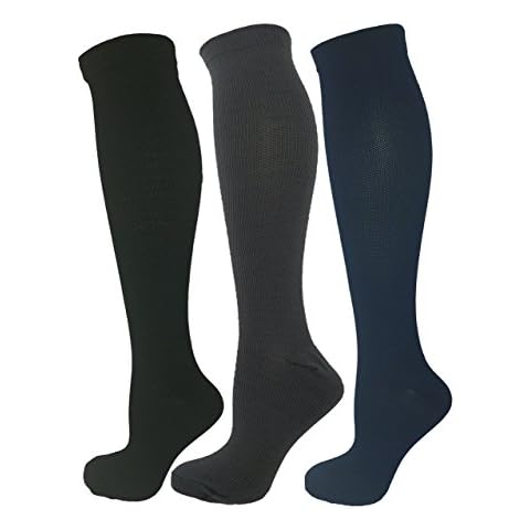 Swell Relief 3 Pair Large/X-Large Ladies Compression Socks, Moderate/Medium Compression 15-20 mmHg. Therapeutic, Occupational, Travel & Flight Knee-High Socks. Colors: Black/Grey/Navy Blue. Cover
