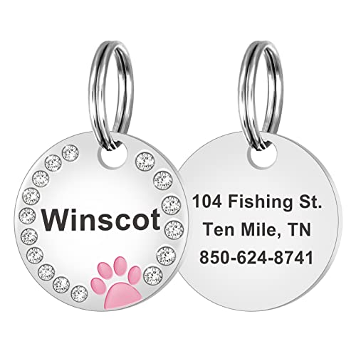Natiform Personalized Pet Id Tags, Engraved Dog Id Collar Tags, Double Sided Pet Tags, Custom Text, Glitter Paw Cat Name Tags, Pet Collar Accessories( S Pink) #TOP6