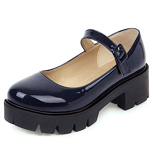 Caradise Chunky Mary Jane Platform Shoes Patent Leather Uniform Dress Shoes Size 5.5 B(M) US,Navy Blue