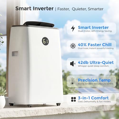 Image of 14000 BTU Inverter Portable Air Conditioners, Dual Hose Portable AC for Large Room up to 700 sq. ft, 3-in-1 Self-Evaporating AC Units with Fan & Dehumidifier, Quiet Sleep Mode(42dB), Auto Swing
