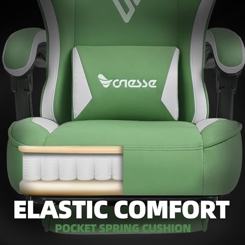 Image of Vonesse Gaming Chair, Computer Chair Fabric with Pocket Spring Cushion, Office Chair with Footrest and Massage Lumbar Support, Reclining Gaming Chairs for Adults 250LBS (Green)