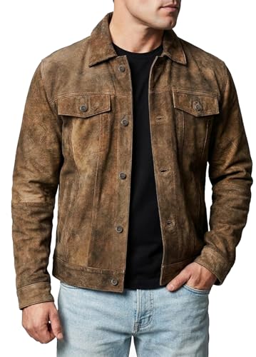 Image of Mens Premium Brown Suede Leather Trucker Jacket - Vintage Classic Motorcycle Western Goat Leather Coat