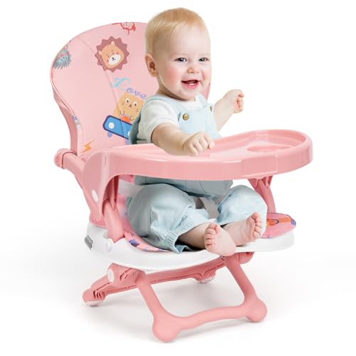 Booster Seat for Dining Table, Lightweight Compact Fold Travel Booster Seat, 3-in-1 Convertible, 3 Level Height Adjustment and Easy Tray Removal, Pink