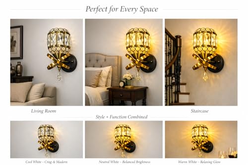 Image of WhiteRay Wall Light for Living Room Inbuilt LED Crystal Wall Lamp Golden Finish Decorative Fixture 3 in Color Changing, Soft Lighting for Bedroom, Hallway, Restaurant and Home Decoration