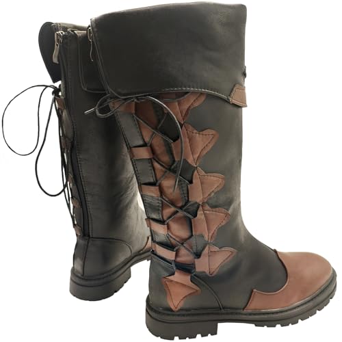 Unisex Renaissance Medieval Cosplay Halloween Cosplay Boots PU Leather Mid Calf Lace Up Leather Pirate Gothic Viking Tied Shoes4