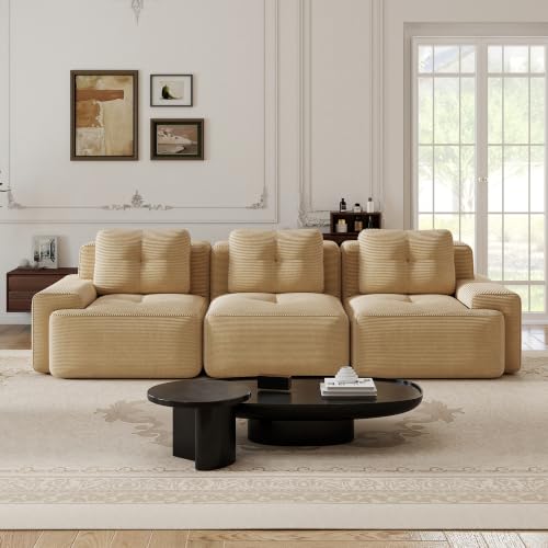 Image of 117 inch Oversized 3 Seater Modular Boneless Couch, Durable Corduroy Fabric, Deep Seat Cloud sectional Sofa with Buckle Connection and Tufted Detail, No Assembly, Anti Slip, Camel