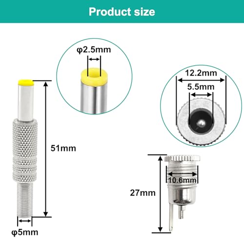 Conector de alimentación DC 5.5x2.5 mm metálico macho y hembra miniatura 3