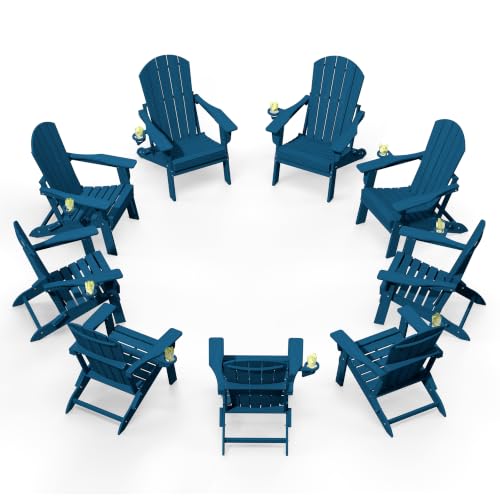 Image of Plawdlik Folding Adirondack Chair 9-piece Set, Cup Holder, Navy Blue | pin-free folding, 38-in tall back, Wood-grain All-weather HDPE; for fire pit, poolside, deck, backyard, patio