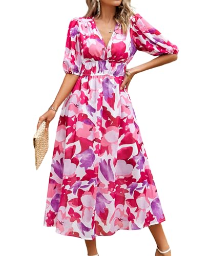 Image of UONBOX Women's V Neck Floral Dress Summer 2025 Trendy Pleated Boho Flowy Puff Sleeve Maxi Dress