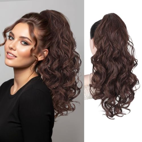 Chocolate Brown Ponytail Extension, 20 Inch Long Wavy Claw Clip Ponytail