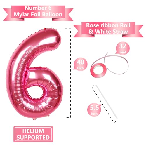 Image of 40 Inch Giant Hot Pink Number Balloon, Mylar Foil Helium Hot Pink Balloons for Birthday Party, Number 6 Balloon for Birthday Decorations, Hot Pink 6 Birthday Balloon