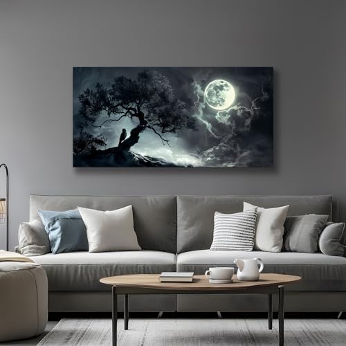 SERIMINO Large Wall Art for Living Room, Dark Landscape Canvas Prints Paintings, Moonlit Night Pictures Wall Decor Aesthetic, Moon and Tree Modern Home Decor Bedroom Bathroom Office Artwork 30"X60"