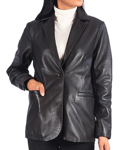 Rauly Classic 2-Button Lambskin Leather Blazer Women - Casual Coat Long Sleeves Suit Style Real Leather Jacket for Women