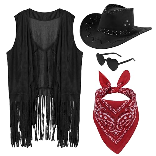 choyaxo Western Cowgirl Outfits Set Including Fringe Vest Cowgirl Hat Heart Shaped Sunglasses and Bandana for Women Halloween, Black