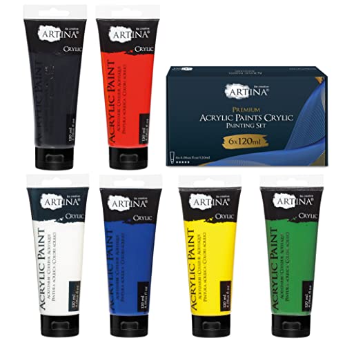 Artina Set de 6 Pinturas Acrílicas 120ml Crylic – Pintura Opaca Secado Rápido para Pintar 6x120 ml Set de Colores Primarios Resistentes al Agua y Alta Pigmentación para Artistas y Principiantes