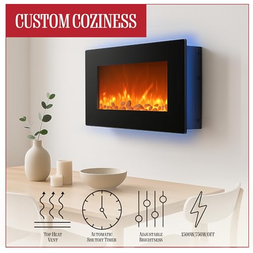 Northwest Electric Fireplace - 30 Inch Wall Mounted Fireplace - 13 Backlight Colors and Remote Controlled LED Flames, Heat, and Brightness (Black)