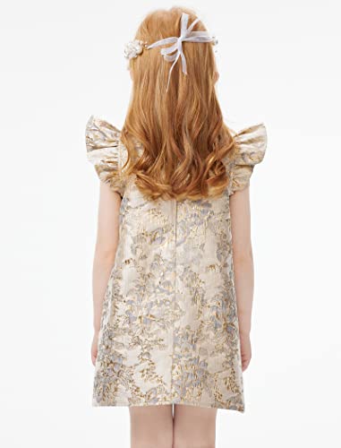 Meilleur Moment Girls Kids Summer Floral Dress Ruffle Sleeve A-Line Golden Jacquard Midi Dress For Girls Daily Party #TOP1