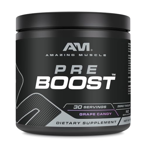 Image of Amazing Muscle Pre Boost | 30 Servings | 324 Grams Powder | Pre Workout Supplement | Made in USA (30 Servings, Natural Grape Candy)