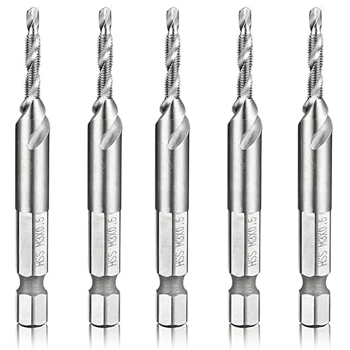 HYMNORQ Migiwata M3 x 0.5 Metric HSS 4341 Combination Drill and Tap Bit Set of 5pcs with 1/4" Hex Shank and Self-centering Split Point for Tapping in Wood Plastic and Aluminum