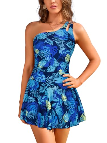 SHEKINI Damen Badeanzug One Shoulder Bauchweg M Blaues Blatt
