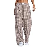 Women's Striped Gingham Boxer Pants Cotton Pajama Lounge Pj Casual Plaid Trousers Y2K Beach Bottoms Pockets Checkered Pants Coffee
