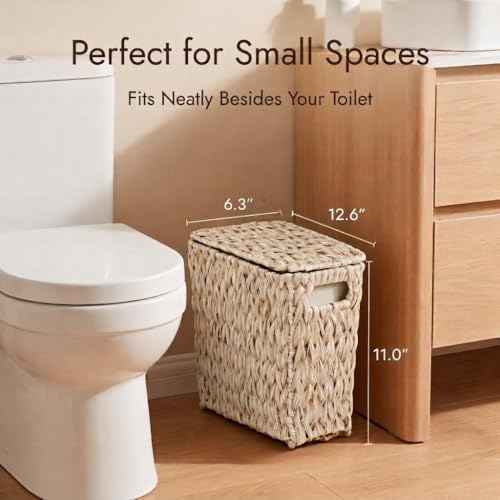 YANGQIHOME Water Hyacinth Bathroom Trash Can with Lid, Slim Rectangular Woven Waste Basket with Removable Waterproof Inner Bin, Decorative Wastebasket for Bedroom,2 Gallon,12.6’’Lx6.3’W x11’’H (White) by YANGQIHOME - Used condition - Image 2