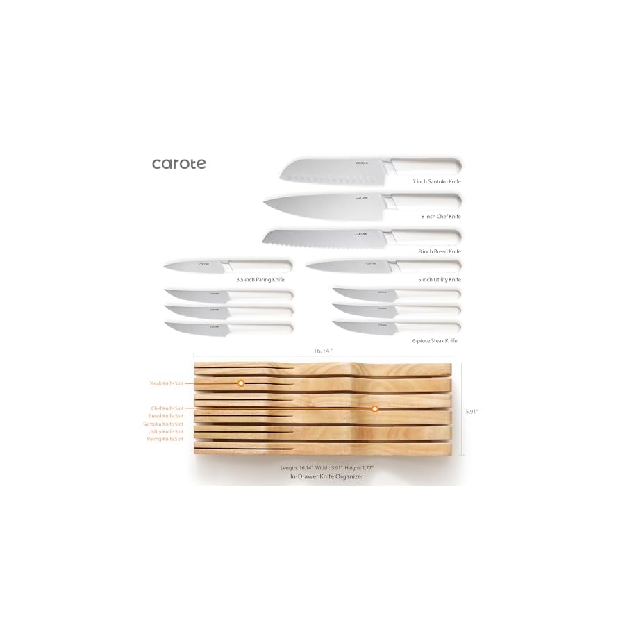 CAROTE-12PCS-Knife-Set-Stainless-Steel-Kitchen-Knife-Set-with-Drawer-Store-Kinife-Organizer-Cutlery-Knife-Set-with-Block-Dishwasher-Safe-White-Include-Knives CAROTE 12PCS Knife Set, Stainless Steel Kitchen Knife Set with Drawer Store Kinife Organizer, Cutlery Knife Set with Block, Dishwasher Safe, White (Include Knives)
