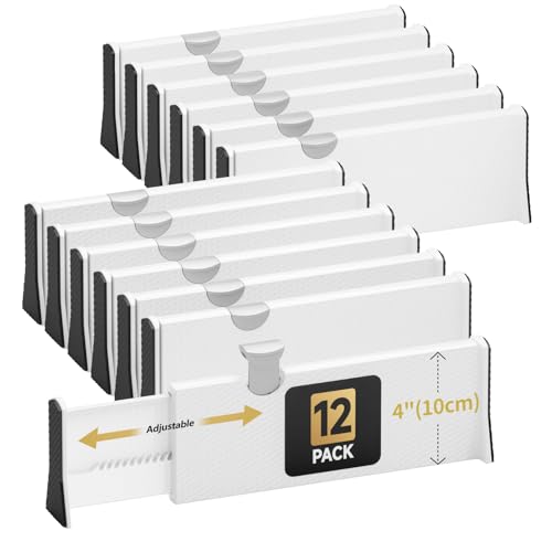 Image of NTQNOIKA Drawer Dividers Organizer 12 Pack, Adjustable Separators 4" High Expandable from 11-17" for Bedroom, Bathroom, Closet, Clothing, Office, Kitchen (White, 12 PACK)