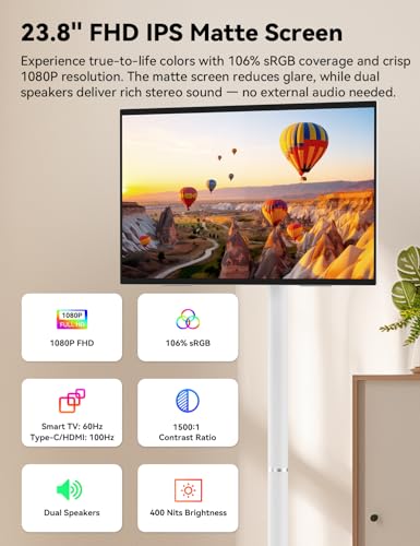 Image of HotYeah Portable Smart TV on Wheels, EDLA-Certified, 23.8 inch 1080P 2-in-1 Rolling TV & Monitor, w /Built-in 10000mAh Battery, Support Voice Control, USB-C & HDMI, Full Swivel Rotation (White)