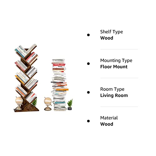 Topfurny Tree Bookshelf, 9-Tier Shelf Rustic Brown Bookcase, Retro Wood Storage Rack For Cds/Movies/Books, Anti-Fall Utility Organizer Shelves For Living Room, Bedroom, Home Office, Rustic Brown #TOP7