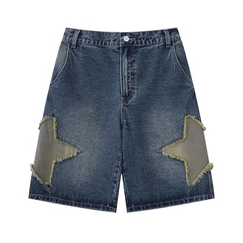 Short en denim bleu à imprimé gothique aux finitions soignées