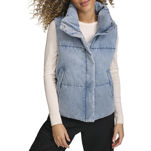 Levi's Women's Vegan Leather Quilted Short Puffer Vest, Light Wash Denim Vest, Medium