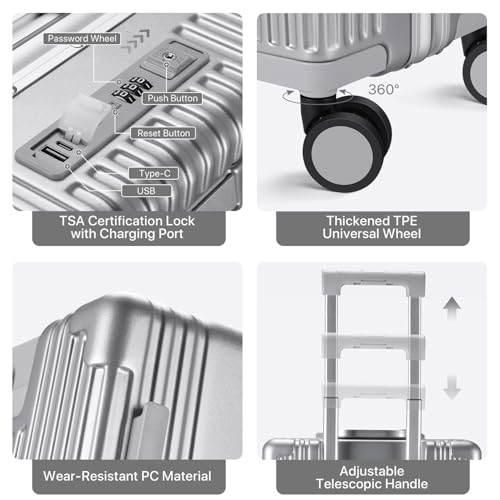 MRPLUM Front Pocket Carry On Luggage,PC Hardside Spinner Wheel Suitcase with TSA Lock,Cup Holder,Phone Holder&USB Charging Port,Silver(1 Piece)4