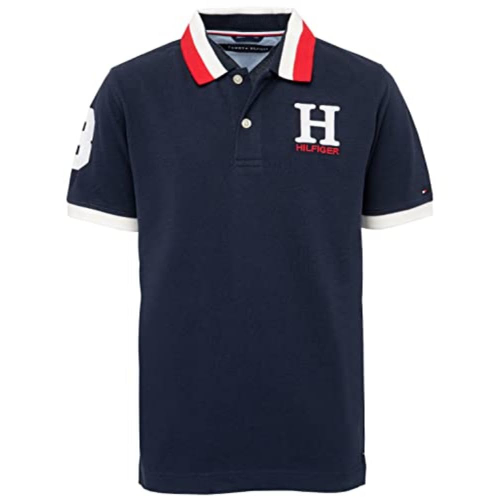 Tommy Hilfiger Boys Short Sleeve Premium Pique Polo Shirt, Button Closure, Soft & Comfortable