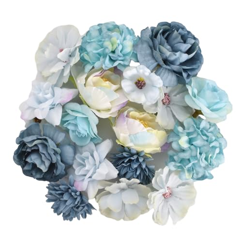 Cabezas de Flores Artificiales, 20 Piezas Mini Flores Artificiales Seda Decorativas para Manualidades, Cabezas de Flores de Margaritas Rosas Falsas para DIY Decoración de Fiesta Boda Hogar (Azul)