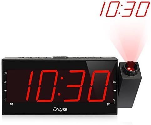 OnLyee Projection Clock with AM/FM Radio, Sleep Timer, Bedroom Desk Wall Ceiling Clock, 7” LED Display, 3 Dimmer, Dual Alarm, USB Charging Port for Travel, Bedrooms, Ceiling, Kitchen, Desk, Shelf