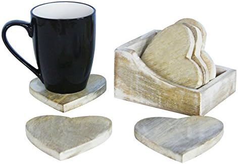 Christmas Gifts Sale Handmade Set of 6 Wooden Coasters for Drink Tea Coffee Table White Distressed Coaster with Holder Stand Dining Home Décor (White Heart)