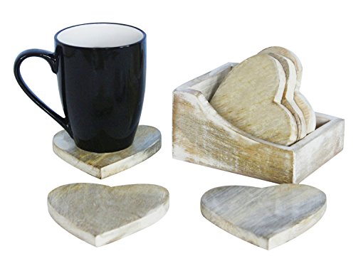 Christmas Gifts Sale Handmade Set Of 6 Wooden Coasters For Drink Tea Coffee Table White Distressed Coaster With Holder Stand Dining Home Décor (White Heart) #TOP11