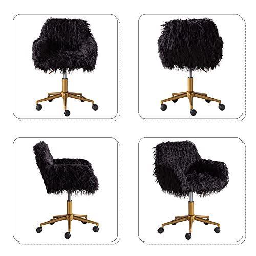 Kcc Fluffy Office Desk Chair, Faux Fur Modern Swivel Armchair With Wheels, Soft Comfy Fuzzy Elegant Accent Makeup Vanity Chairs For Women Girls, Home Living Dressing Room Bedroom, Black #TOP5