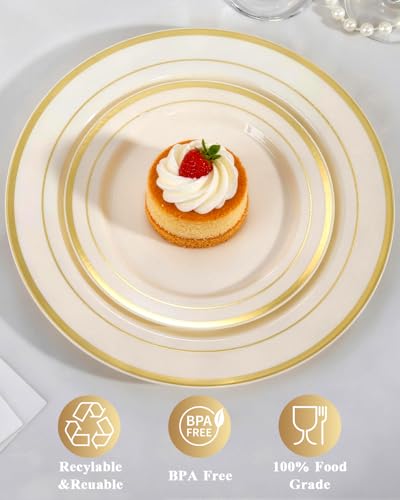Image of Goodluck 200 PCS Ivory and Gold Plastic Plates Heavy Duty Disposable